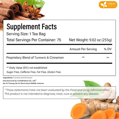 FreshDrinkUS, Premium Turmeric Cinnamon Tea - 75 Bags, 100% Natural, Blend of Turmeric, and Cinnamon. Made with Eco-Conscious Tea Bags. No Sugar. No Caffeine. Vegan.