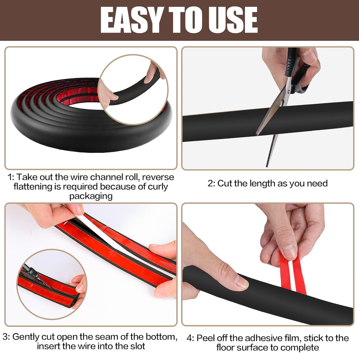 Floor Cord Cover Self Adhesive Cord Hider,10FT Cable Management, Extension Strip Protector for Wires, Prevent Cable Trips for Offices, Gyms, Exhibitions Cavity 0.39"(W) x 0.27"(H) BrownWood