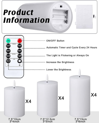 VIHOSE 12 Pack White Flameless Candles Set with Remote and Timer Flickering Flameless Battery Candles Flat Top LED Pillar for Wedding Outdoor Home Festival Decoration(D 3'' H 4'' 5'' 6'')