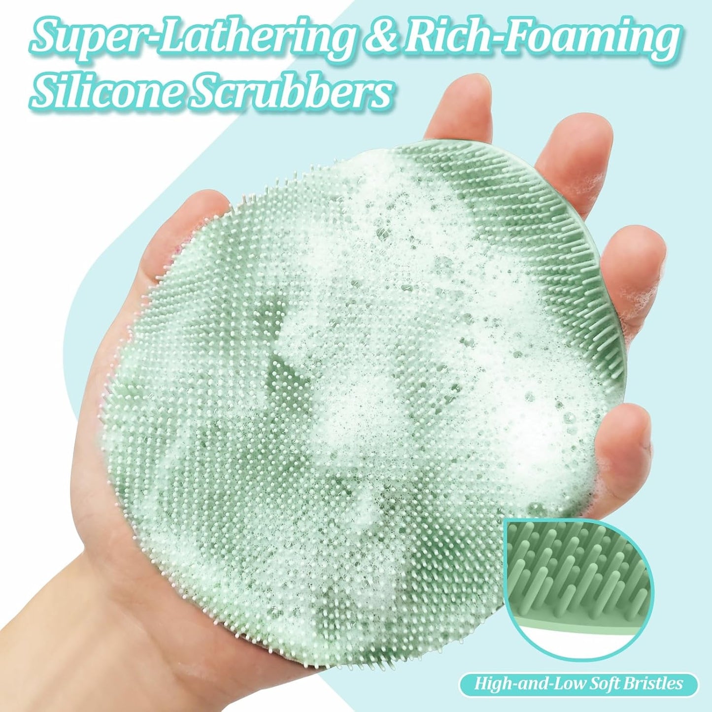 Silicone Back Scrubber & Bath Glove Set 2PCS, 13.4'' Gentle Shower Back Scrubber with Dual-Side Head Non-Slip Handle, 360° Anti-Slip Hand-fit Bath Glove for Rich Foaming Deep Cleaning(Black)