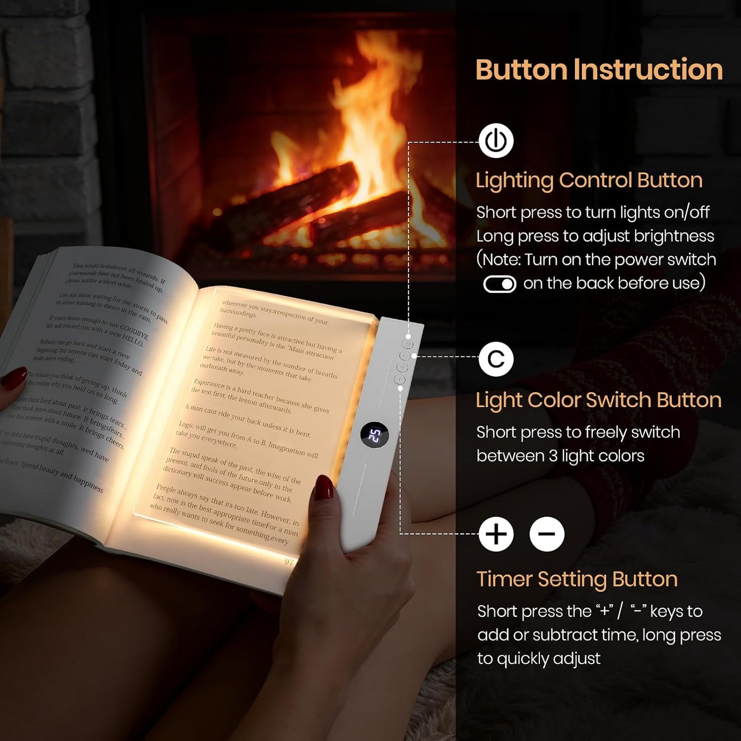 LED Book Light, 3 Color Temps & Stepless Dimming, Night Reading with Timer