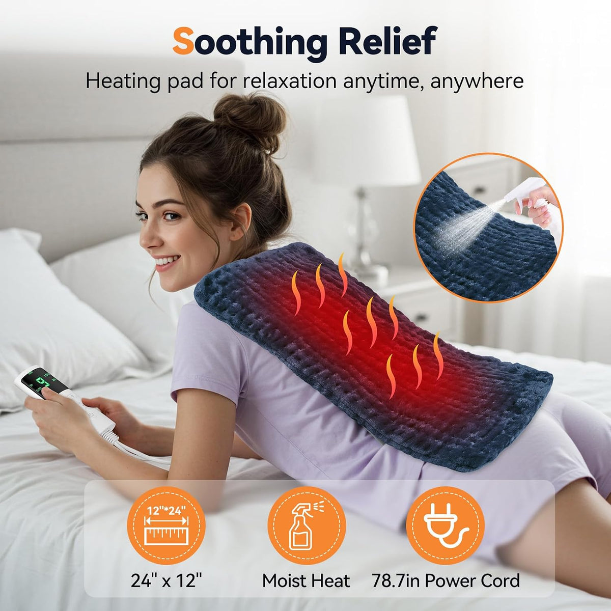 Heating Pad for Back Pain, Electric Heat Pad with 9 Heat Levels & 4 Auto-Off Timers, Portable Heating Pad for Period Cramps, Shoulder, Neck, Machine Washable, Gifts for Women and Men, Grey, 24''×12''