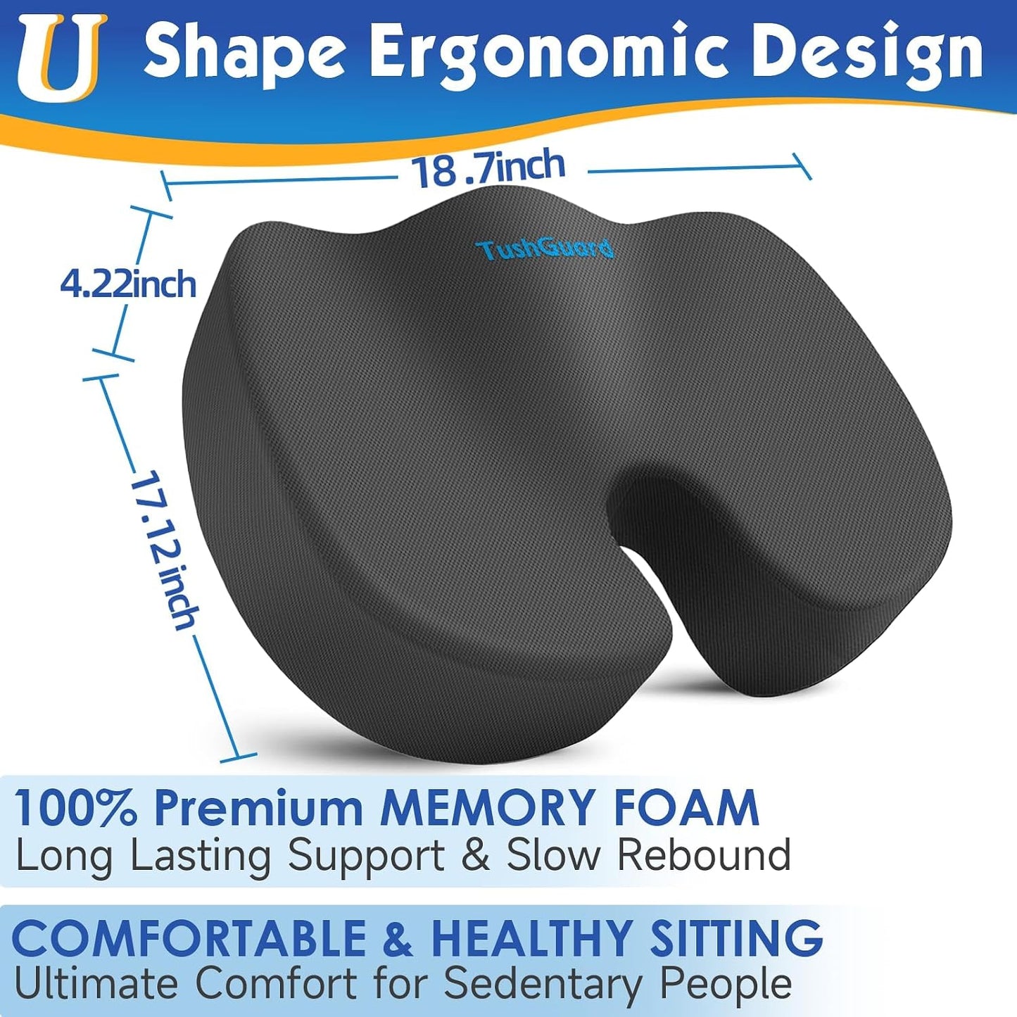 TushGuard Seat Cushion for Office Chair Memory Foam Non-Slip Desk Seat Cushion Back, Coccyx, Sciatica, Tailbone Pain Relief Butt Pillow for Office Chair, Car, Wheelchair, Black