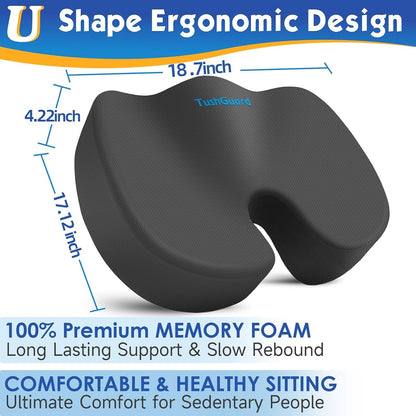 TushGuard Seat Cushion for Office Chair Memory Foam Non-Slip Desk Seat Cushion Back, Coccyx, Sciatica, Tailbone Pain Relief Butt Pillow for Office Chair, Car, Wheelchair, Black
