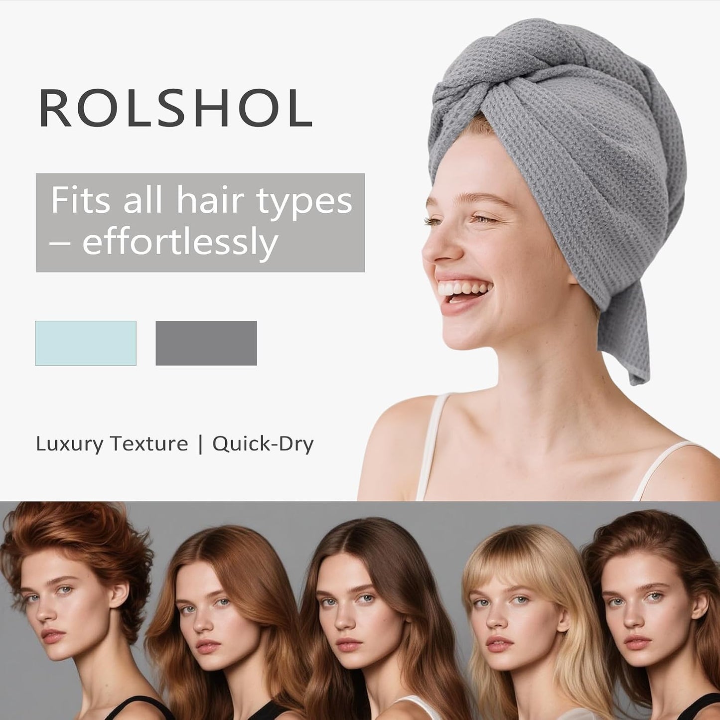 ROLSHOL 2 Pack Microfiber Hair Towel Wrap for Women, 32" x 11" Waffle Weave Hair Plopping Towel for Curly, Long & Thick Hair, Anti-Frizz Hair Turbans for Wet Hair (Pink, Grey)