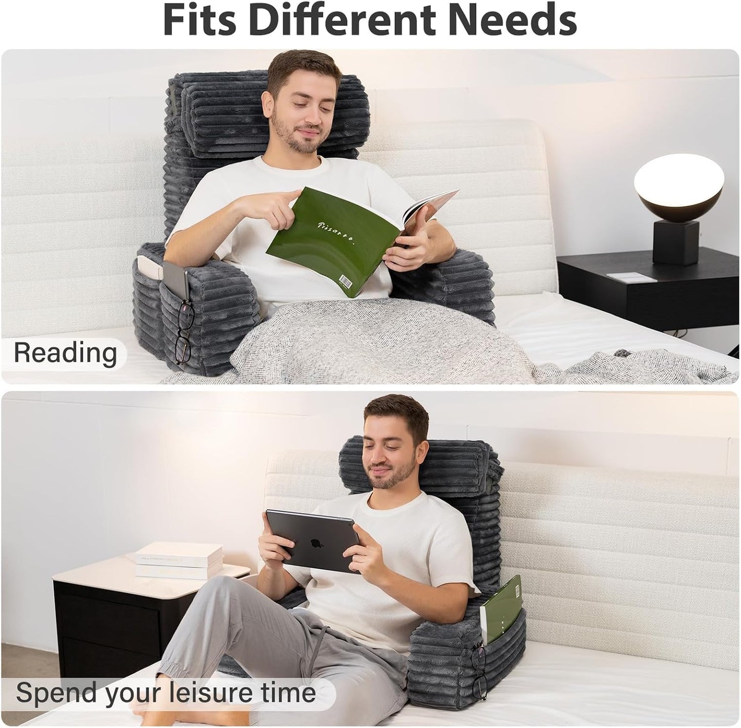 ENITYA 22" XL Back Pillow for Bed Sitting Up, Reading Pillow with Armrests & Big Pockets, Soft Back Support Chair, Ideal for Watching TV, Gaming, Nursing, Resting, Post Surgery, Dark Grey