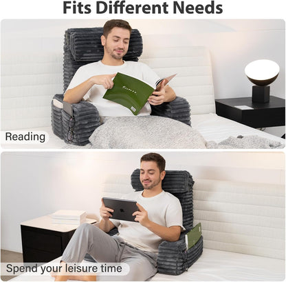 ENITYA 22" XL Back Pillow for Bed Sitting Up, Reading Pillow with Armrests & Big Pockets, Soft Back Support Chair, Ideal for Watching TV, Gaming, Nursing, Resting, Post Surgery, Dark Grey