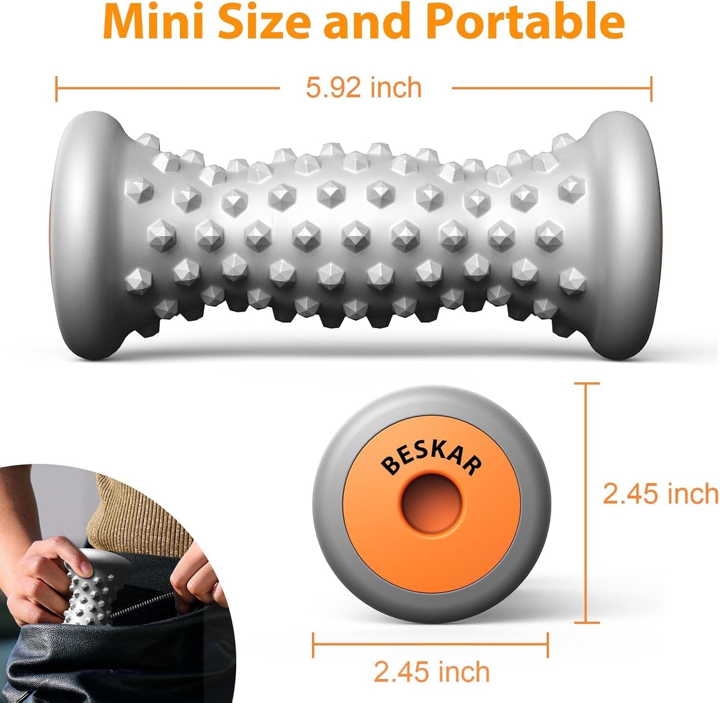 BESKAR Foot Massager Roller for Plantar Fasciitis Relief, Portable, Deep Tissue Muscle Massage, Foot Arch and Heel Pain, Reflexology Tool