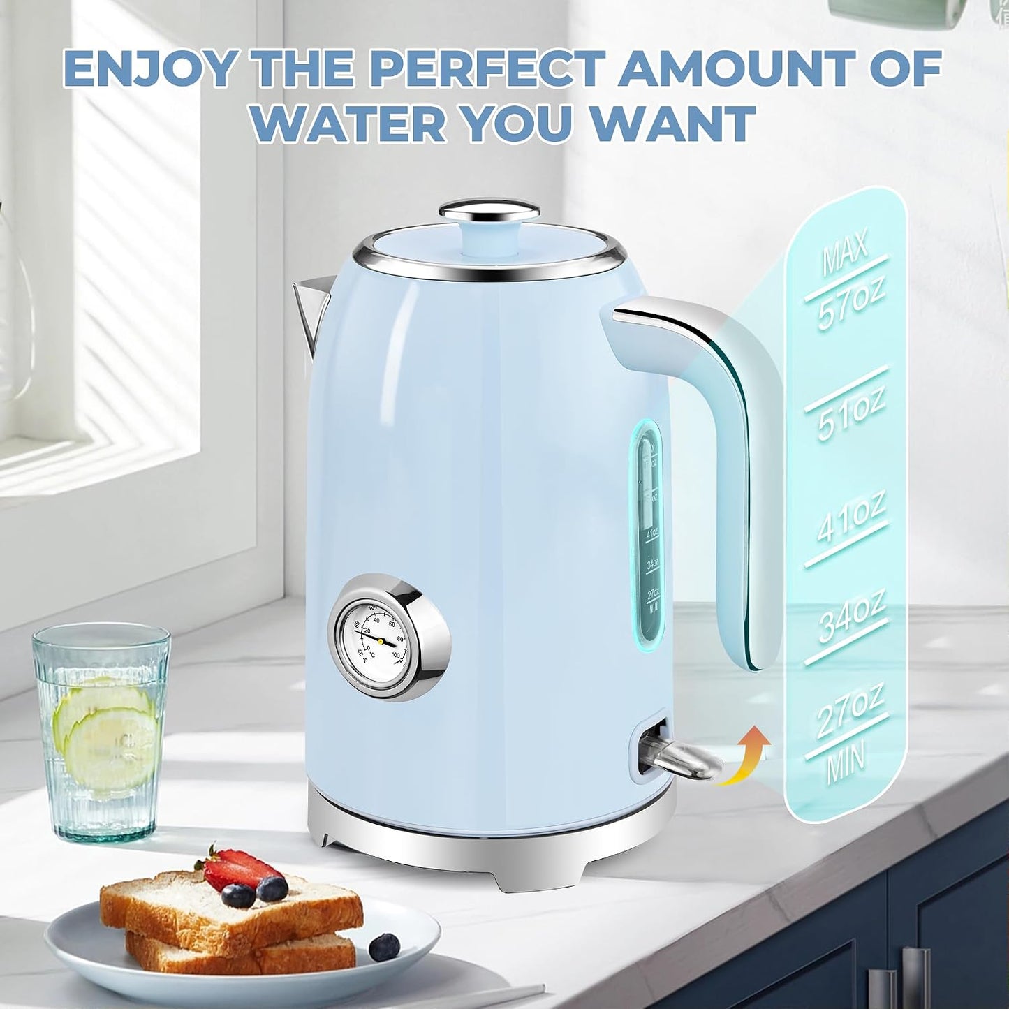 SUSTEAS 57oz Electric Kettle with Thermometer, Hot Water Pot, Retro Green