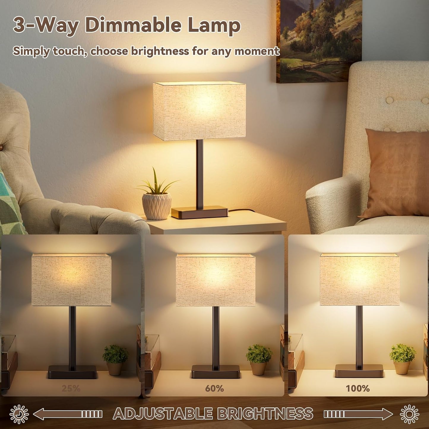 Hong-in Touch Lamps for Bedroom - 3-Way Dimmable Bedside Lamps Set of 2 with USB C+A, Grey Modern Table Lamp for Night Stands, Desk Lamp for Living Room Nightstand End Tables Bed Side