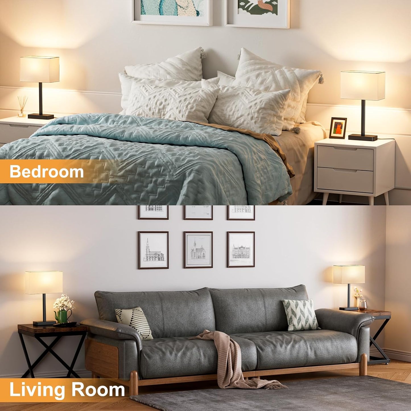 Hong-in Touch Lamps for Bedroom - 3-Way Dimmable Bedside Lamps Set of 2 with USB C+A, Grey Modern Table Lamp for Night Stands, Desk Lamp for Living Room Nightstand End Tables Bed Side