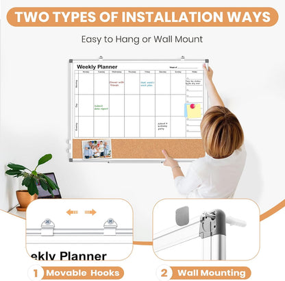 Weekly Dry Erase Calendar Whiteboard for Wall, 24" x 18" Cork Week Planner