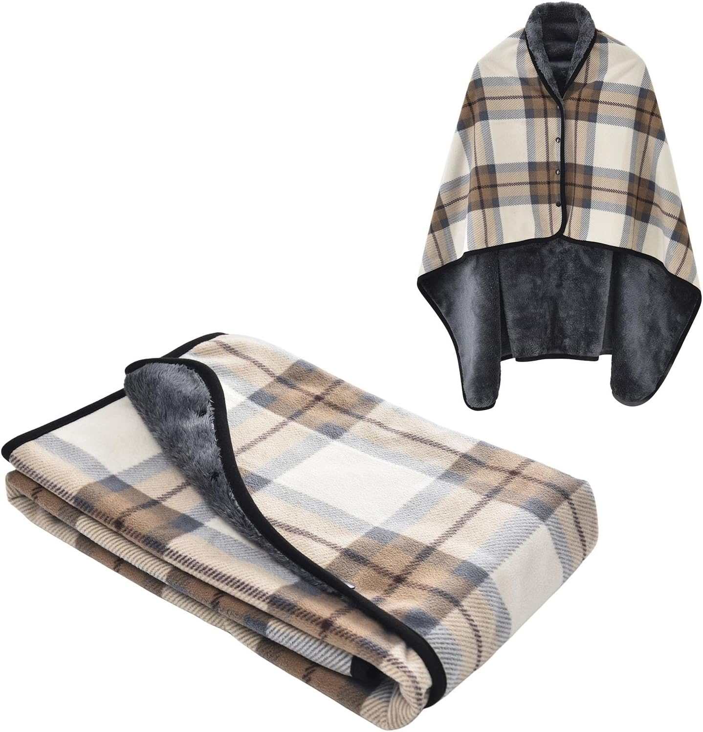 forestfish Fleece Wearable Blanket, Plaid Lap Blanket Comfy Poncho Throw with Buttons for Bed Sofa Office, Grey-White