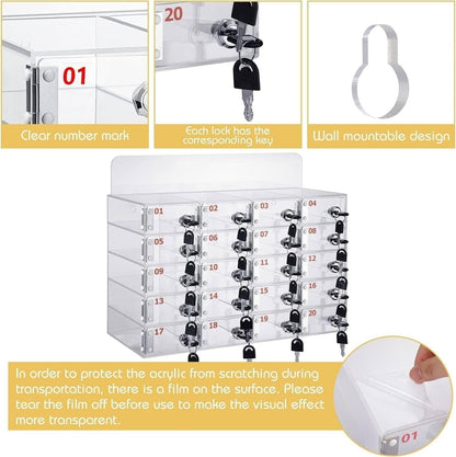 Transparent Acrylic Wallmounted Phone Charging Station 30 Slots Lockable with Keys Nized Storage for Mobile Devicesideal for OfficesHomes,One Color-25Slots