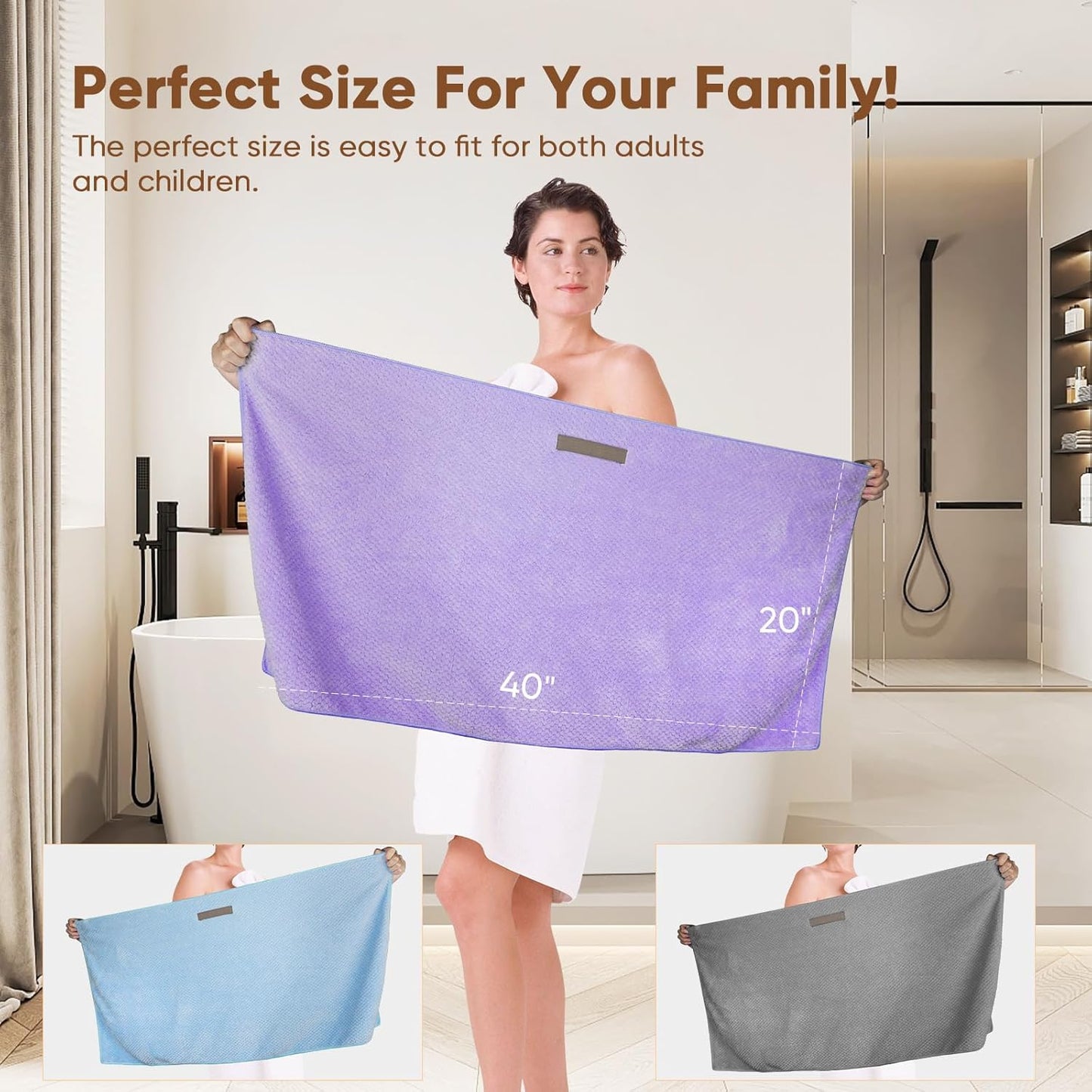 HOMEXCEL 5 Pack Microfiber Hair Towels - 40 x 20 inches Super Soft, Fast Drying Turbans for Long, Thick, Curly Hair - Anti Frizz Wrap with Elastic Strap