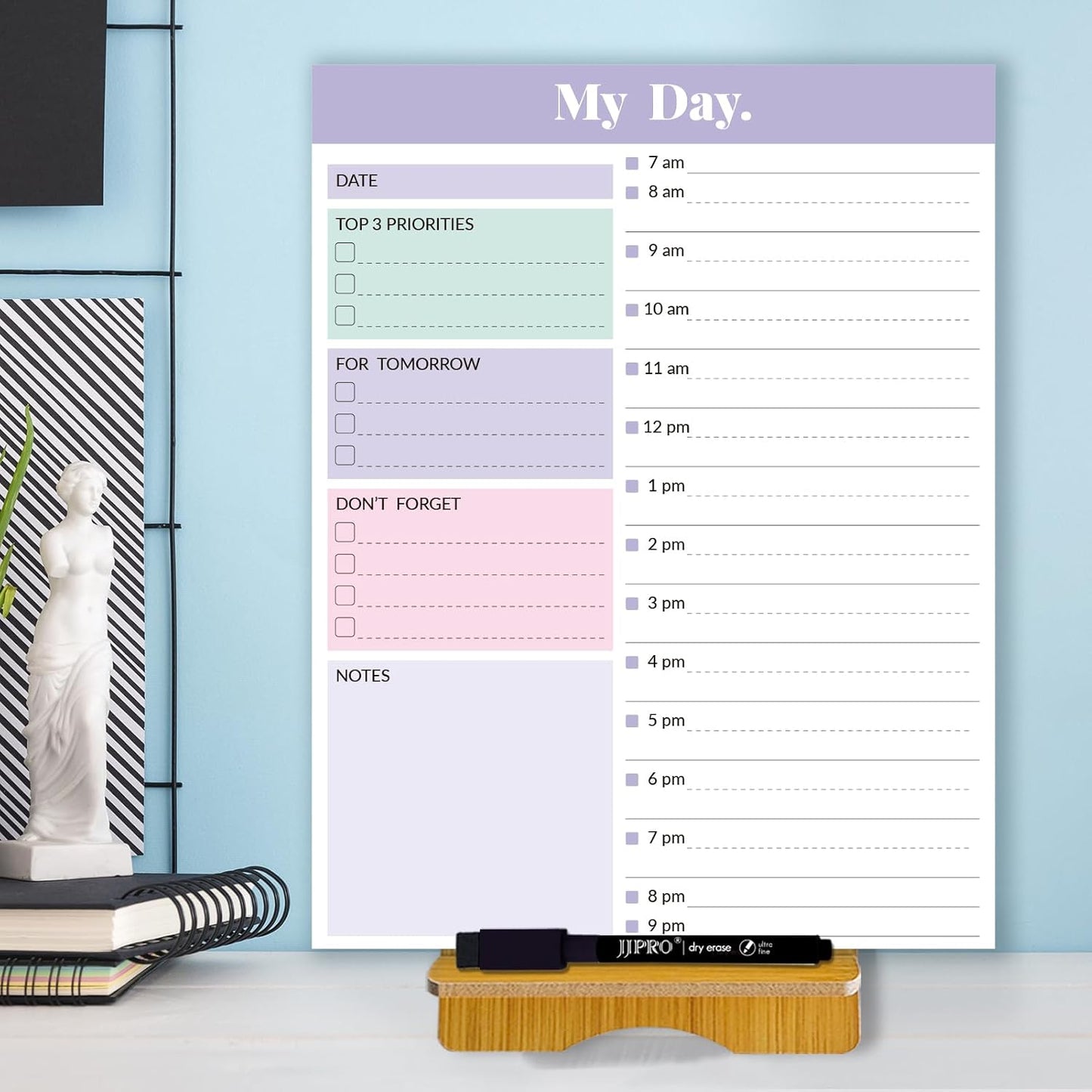 JJPRO Reusable Desktop Daily Planner with Stand,Reusable Time Schedule Board,11"x8.5" Hourly Schedule Dry Erase Board with Time Slots,Desk Hourly Dry Erase Board w/Engineered Wood Stand-Sage Green