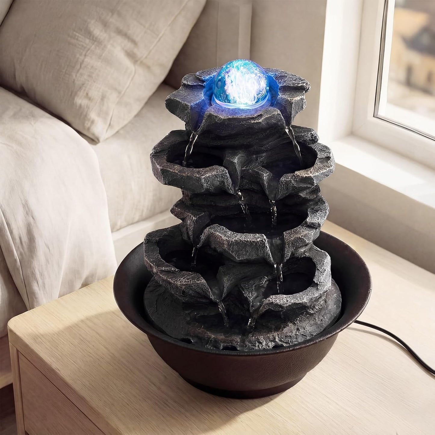 Giantex Tabletop Water Fountain with Rotating Crystal Ball & LED Lights, Tiered Rock Waterfall with Pump, Zen Meditation Desktop Decor for Office, Home Relaxation (Offset Stream)