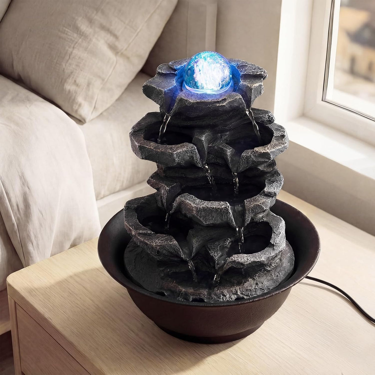 Giantex Tabletop Water Fountain with Warm LED Light, Tiered Rock Waterfall with Pump, Zen Meditation Desktop Decor for Office, Home Relaxation