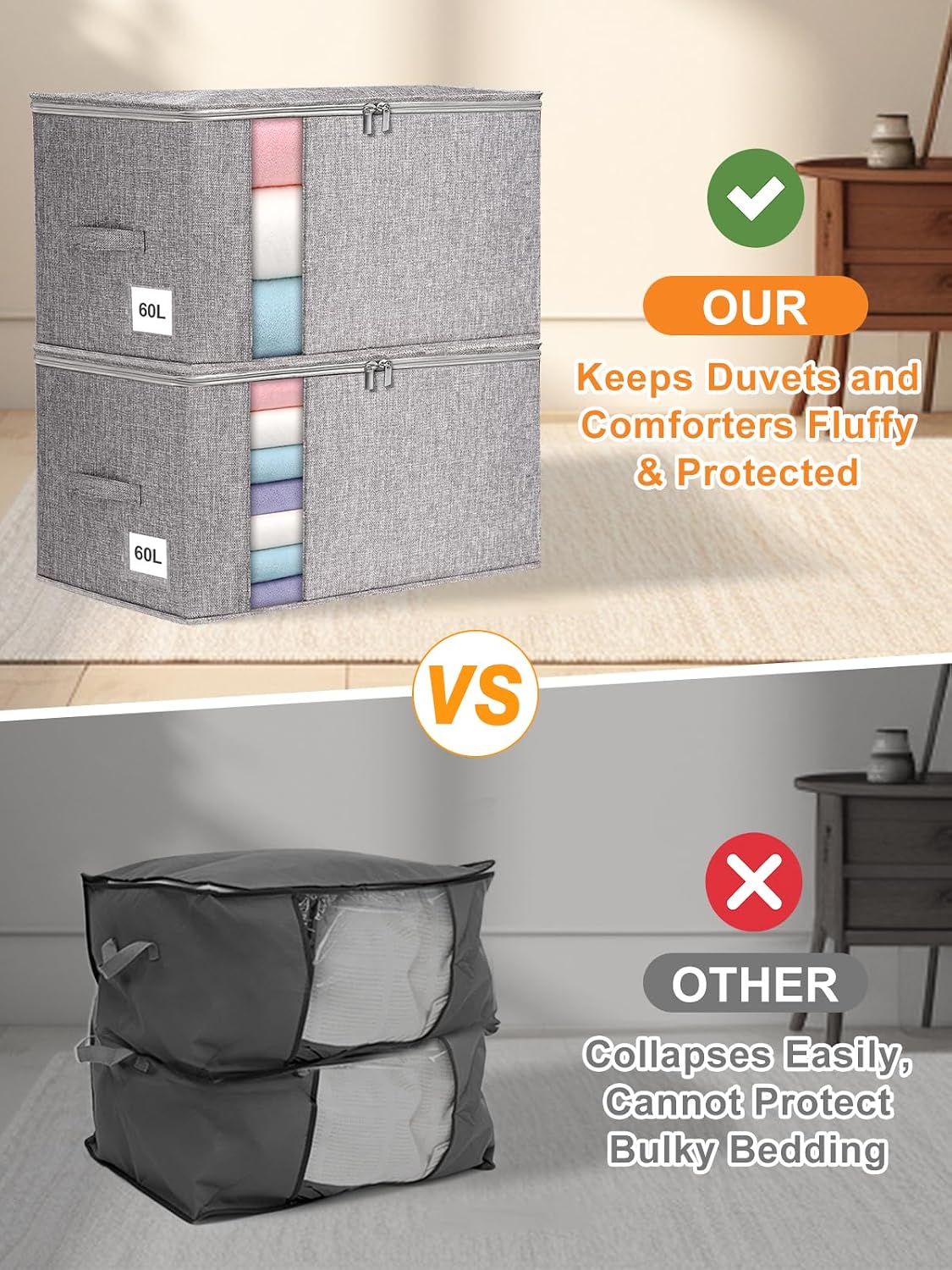 punemi 60L Sturdy Comforter Storage Bag, Blanket Organizer, Grey
