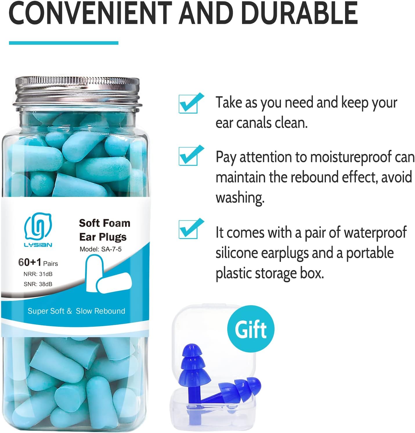 LYSIAN Ultra Soft Foam Earplugs for Sleeping, 38dB SNR Noise Reduction Ear Plugs for Snoring, Shooting, Study, Work and Travel, 60 Pairs, Purple