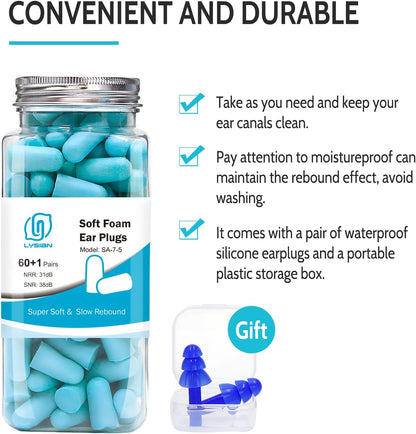 LYSIAN Ultra Soft Foam Earplugs for Sleeping, 38dB SNR Noise Reduction Ear Plugs for Snoring, Shooting, Study, Work and Travel, 60 Pairs, Purple