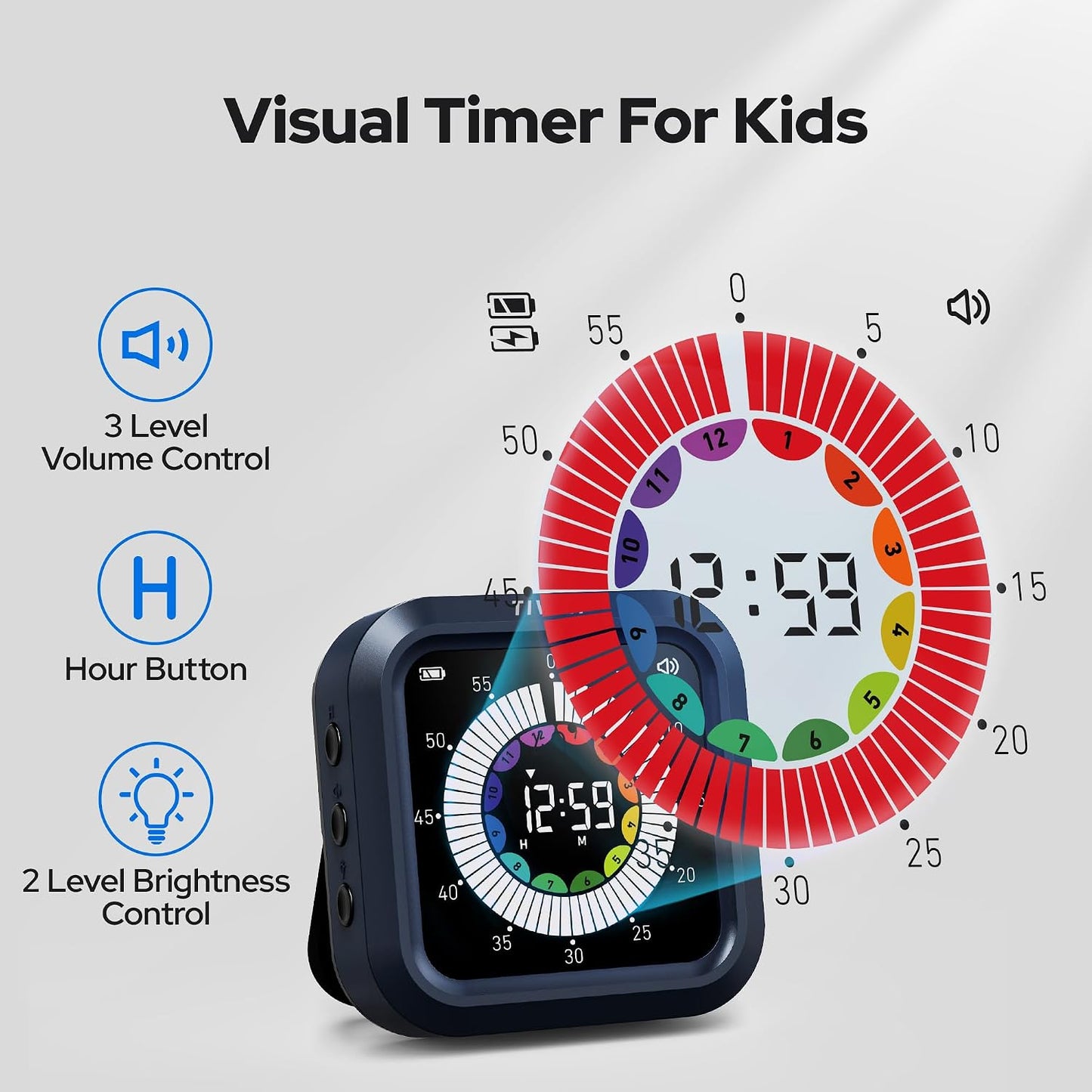 Visual Timer for Kids with Color Display Kitchen Timer 1500mAh Battery | Memory Function Scroll Wheel Control, Magnetic Back with Stand, Up to 12h59m Countdown, Kitchen, Study & Classroom