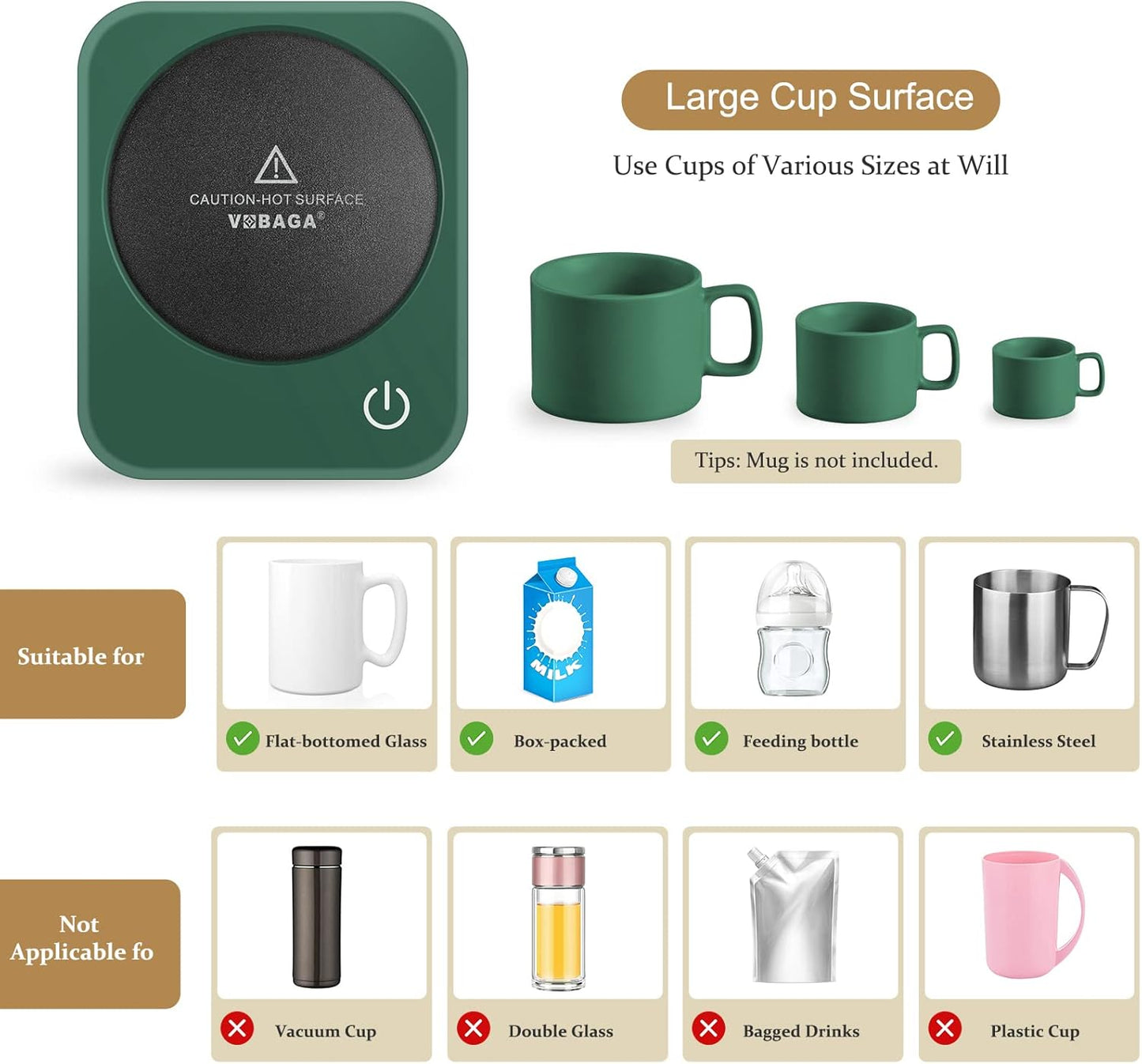 VOBAGA Coffee Mug Warmer for Desk with Auto Shut Off & 3-Temp Settings, Coffee Cup Warmer with Smart Safety Alert Home Office Accessory, Perfect for Coffee, Tea, Milk (Mug for Display)