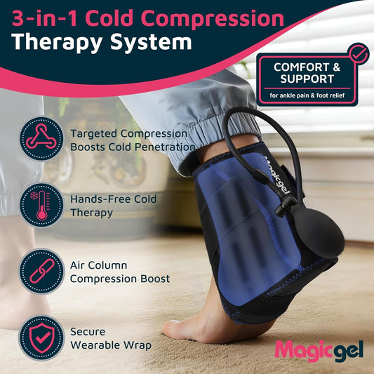 Magic Gel Compression Ankle Ice Pack Wrap – Ice Pack for Ankle Sprain, Swelling, Heel Pain & Achilles Tendonitis – Cold Therapy Wrap for Ankle, Heel & Foot with Air Pump Compression, 2 Extra Gel Packs