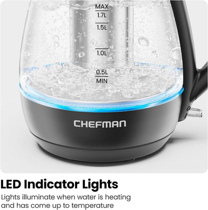 Chefman Electric Kettle with Tea Infuser, Compact 1L (4 Cups), 1500W, Removable Lid for Easy Cleaning, Boil-Dry Protection, Stainless Steel Filter, BPA Free, Auto Shut Off, Small Electric Tea Kettle