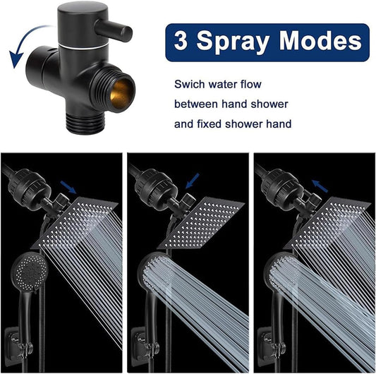 NearMoon Filtered Rain Shower Head, High Pressure 8″Square, and 5 settings Handheld Shower Filter Combo with Self-adhesive Holder/1.5M Hose -1 Replaceable Filter Cartridge (Matte Black)