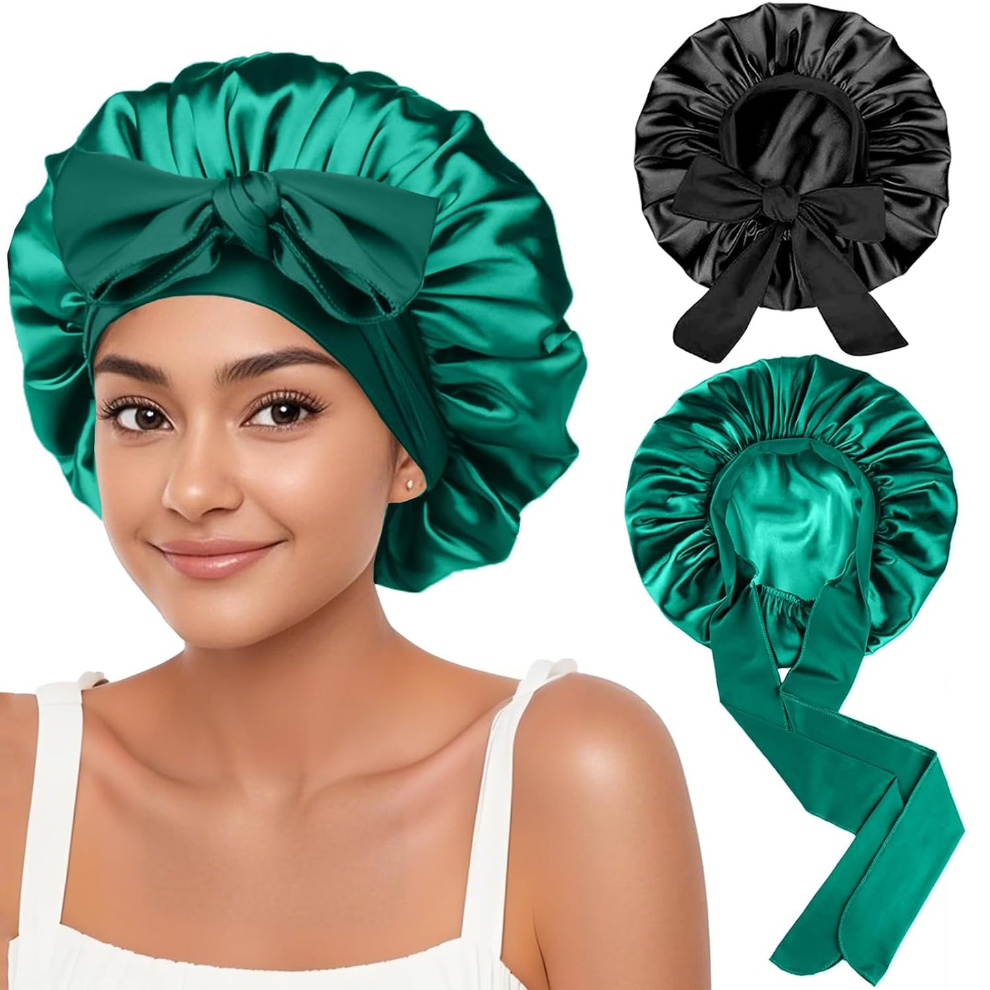 2Pcs Silk Hair Satin Bonnet for Sleeping Women,Large Satin Sleep Bonnets for Women with Elastic Tie Band Silk Hair Wrap with Ajustable Straps,Night Sleep Cap for Curly Braids,Black+Rose Gold
