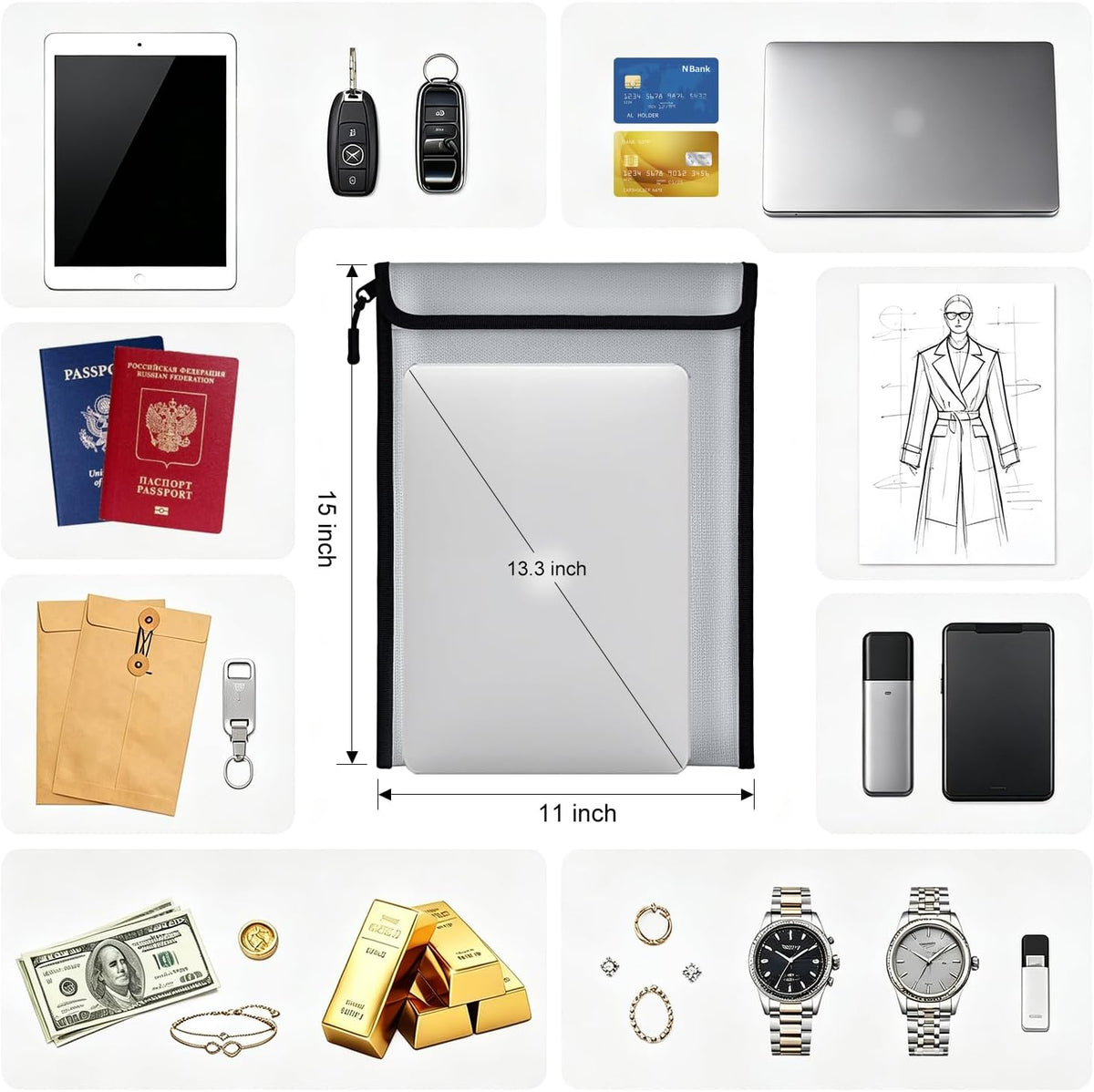 Large Fireproof Document Bag - 2000℉ Waterproof Fireproof Money Bag with Zipper 15"x11", Important Document Storage Organizer for Valuables, Legal Documents, Passport - Home Safety Safe