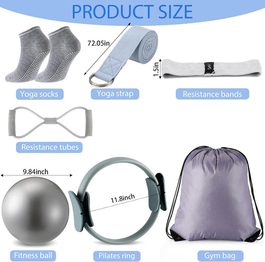 Poen Pilates Equipment Kit for Home Workout Pilates Ring and Ball Set for Women 12'' Circle Yoga Fitness Essentials Kit with Resistance Bands, Yoga Strap, Socks,Bag