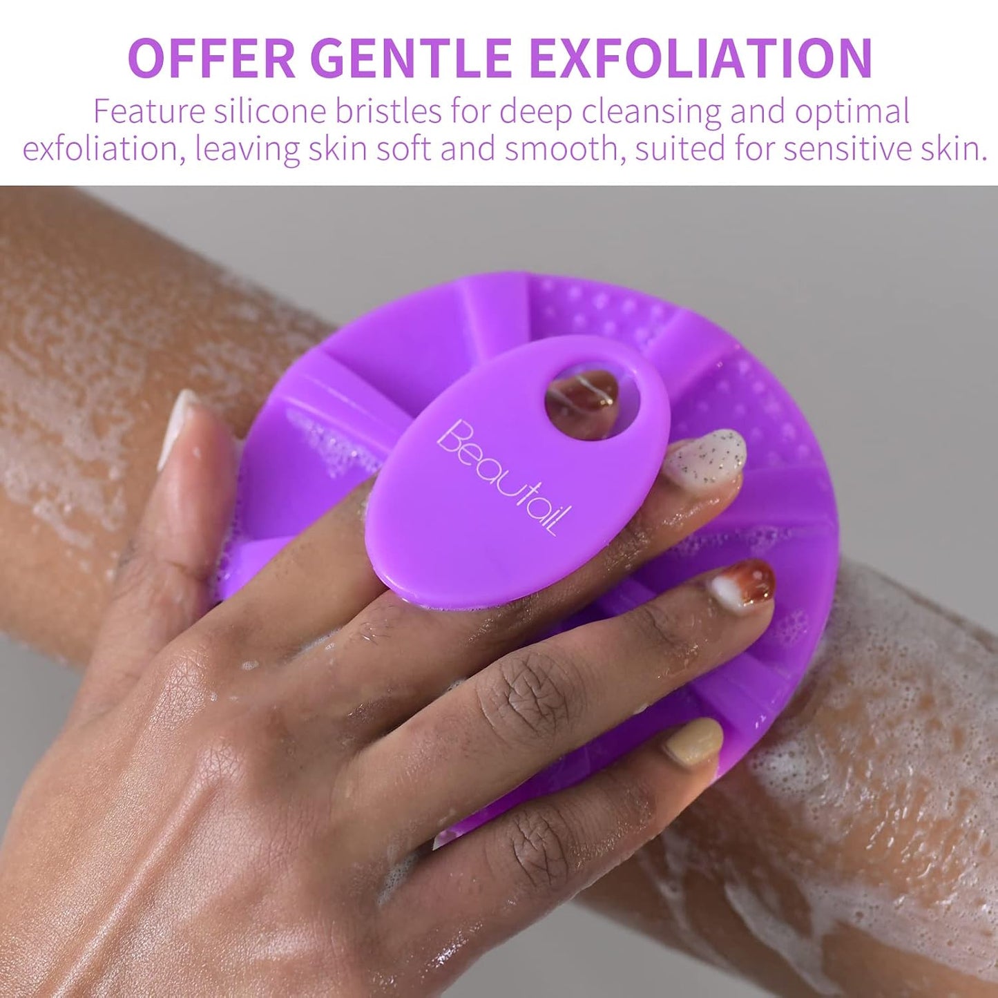 Silicone Body Scrubber 2 Pack, BEAUTAIL Shower Bath Scrubber, More Hygienic Than Traditional Loofah, Lather Nicely, Gentle Exfoliating Brush for Women Men Baby Sensitive Skin, Black+Purple