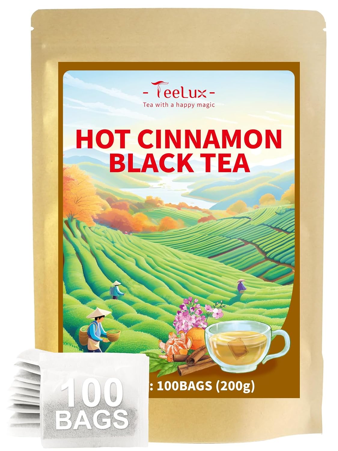 TeeLux Hot Cinnamon Black Tea Bags, Black Tea with Warming Spices, 100Count
