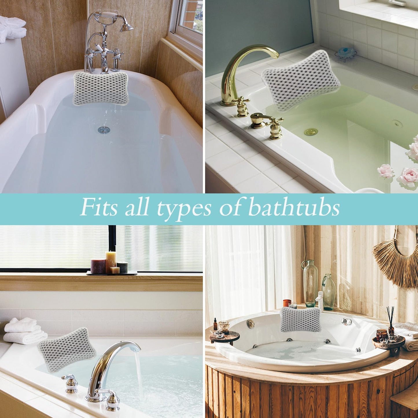 Bath Pillows for tub,Home Spa Pillows for Bathtub, Hot Tub,Head and Neck Support with 2 Strong Suction Cups,White