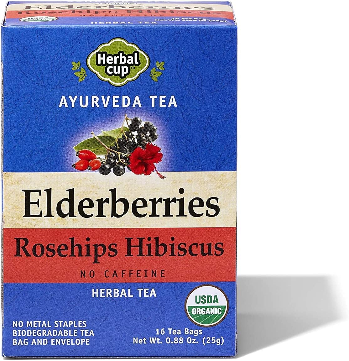 Herbal Cup Ayurveda Elderberries Tea, Organic Rosehips Hibiscus, No Caffeine Herbal Supplement (16 Count, Pack of 1)