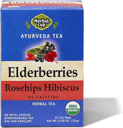 Herbal Cup Ayurveda Elderberries Tea, Organic Rosehips Hibiscus, No Caffeine Herbal Supplement (16 Count, Pack of 1)