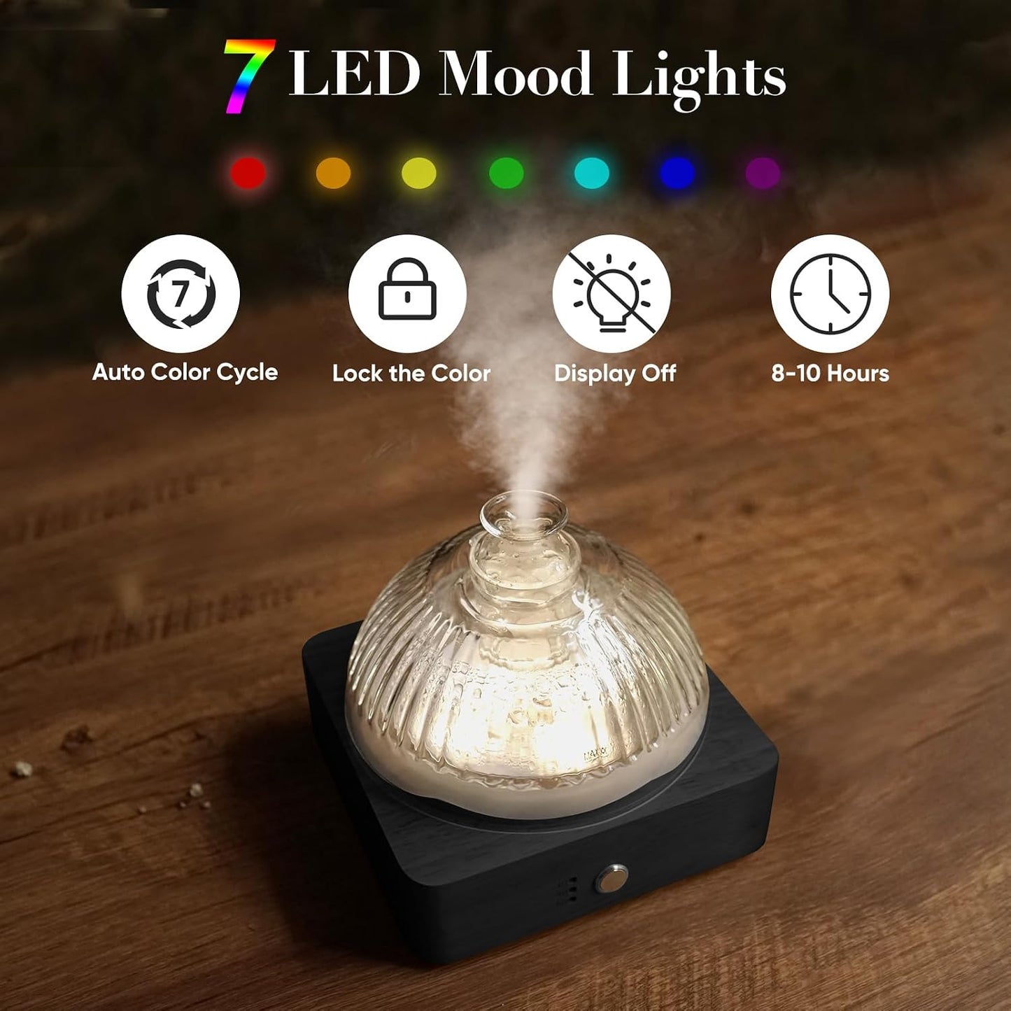 Glass Dome Essential Oil Diffuser with Glass Reservoir & Wood Base-No Plastic, 200ml Ultrasonic Diffuser for Aromatherapy with Timer 7 Color Light Auto-Off for Home Office Yoga Pilates