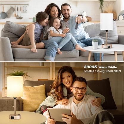 Small Bedside Table lamp for Bedroom - 3 Color Temperatures Bedside Lamps with USB C and A Ports, Pull Chain Table Lamps with AC Outlet, White Nightstand Lamps with Black Metal Base for Kids Reading