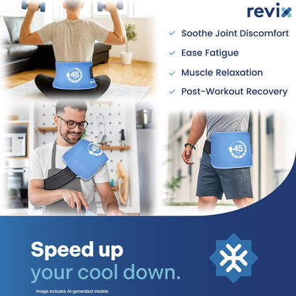 REVIX Ice Pack for Injuries Reusable (14 × 7") with Elastic Strap, 45-Minute Long-Lasting Gel Cold Pack for Knee, Shoulder, Back with Ice Grid Gel Design, Flexible Ice Wrap, Universal Use for Arm, Hip