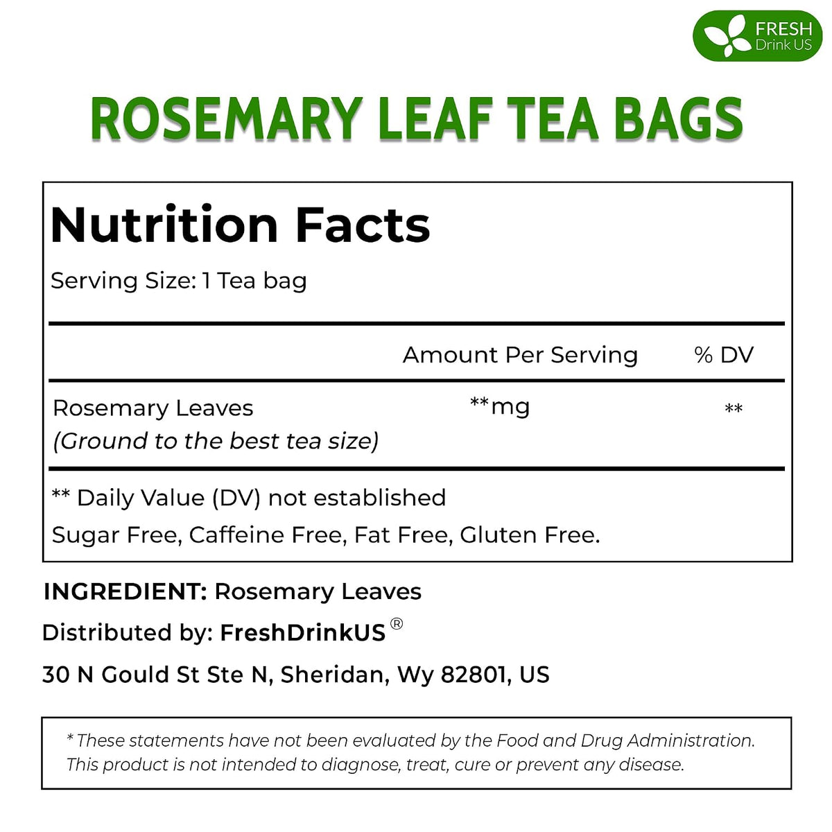 FreshDrinkUS, Premium Rosemary Leaf Tea, 75 Count, Pure, Caffeine Free
