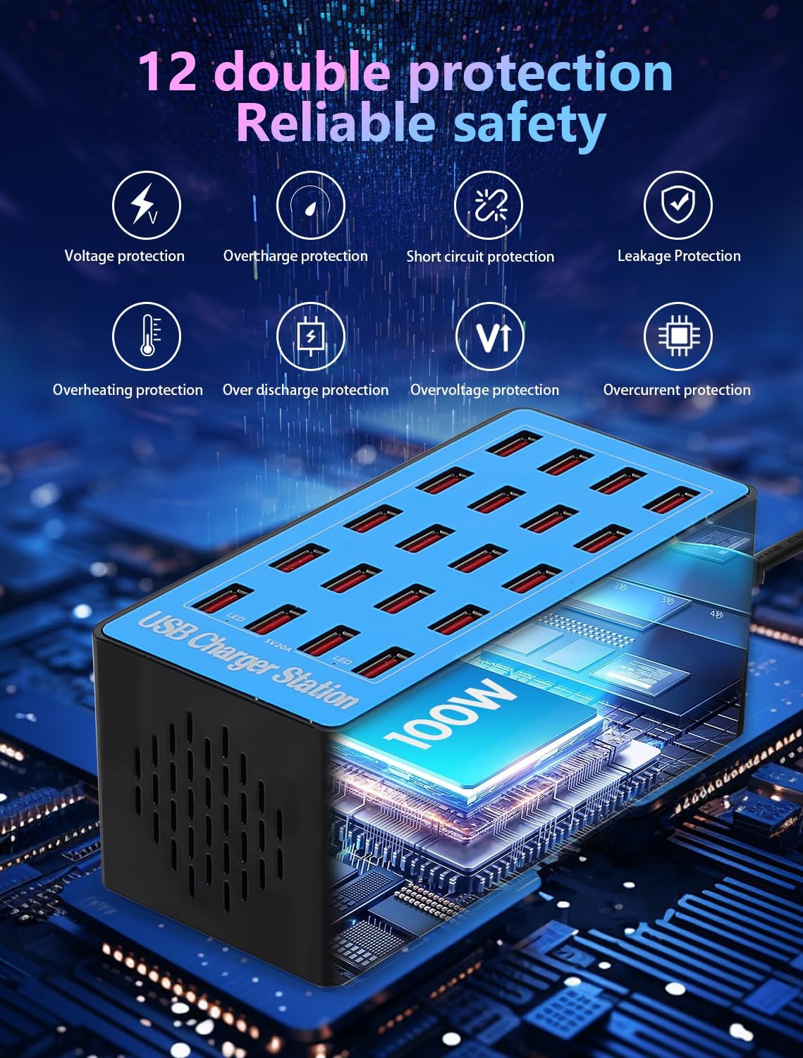 USB Charging Station,100W 20-Port Multi Smart Safety Fast Charger Station for Phone Tablet Watch Headphone PS, Compact Desktop Charger Home Office Travel