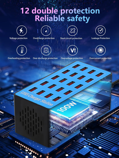 USB Charging Station,100W 20-Port Multi Smart Safety Fast Charger Station for Phone Tablet Watch Headphone PS, Compact Desktop Charger Home Office Travel