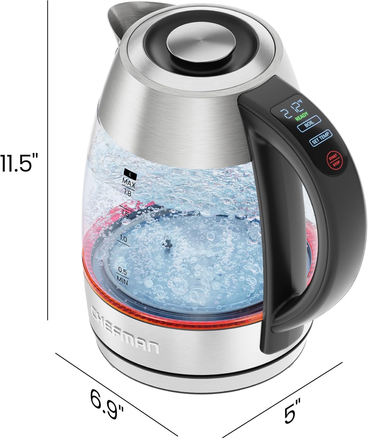 Chefman Electric Kettle with Temperature Control, 5 Presets LED Indicator Lights, Removable Tea Infuser, Glass Tea Kettle & Hot Water Boiler, 360° Swivel Base, BPA Free, Stainless Steel, 1.8 Liters