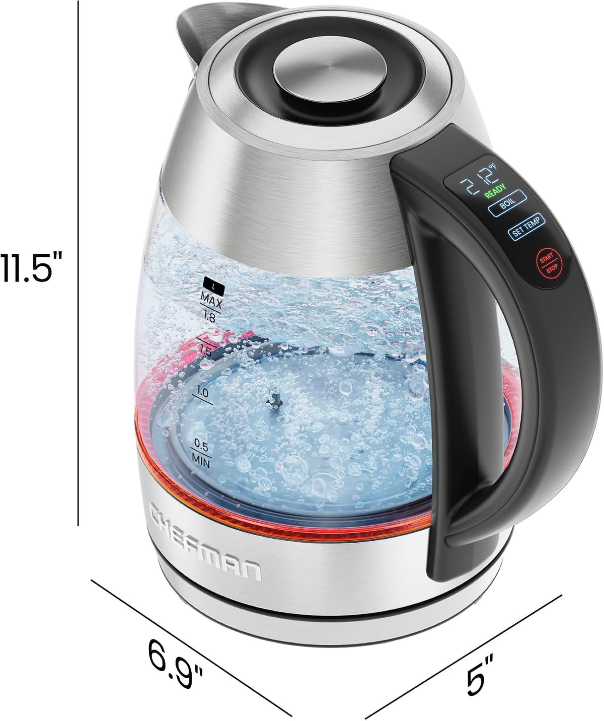 CHEFMAN Electric Kettle - 1.2L 1500W Hot Water Tea Pot with Infuser, BPA Free, Auto Shut Off, Boil-Dry Protection, Removable Lid, LED Light, Cordless Glass Electric Tea Kettle – Stainless Steel