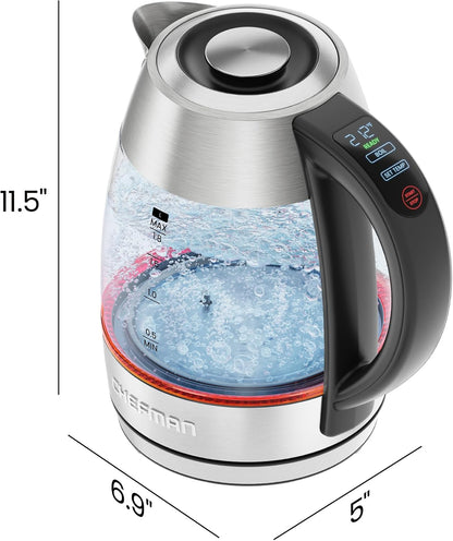 CHEFMAN Electric Kettle - 1.2L 1500W Hot Water Tea Pot with Infuser, BPA Free, Auto Shut Off, Boil-Dry Protection, Removable Lid, LED Light, Cordless Glass Electric Tea Kettle – Stainless Steel