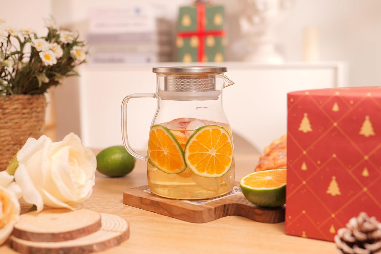 CNGLASS One-Touch Glass Teapot with Stainless Steel Filter Lid,20oz(600ml) Glear Tea Kettle Stovetop Safe,Borosilicate Glass Tea Pots for Loose Leaf Tea