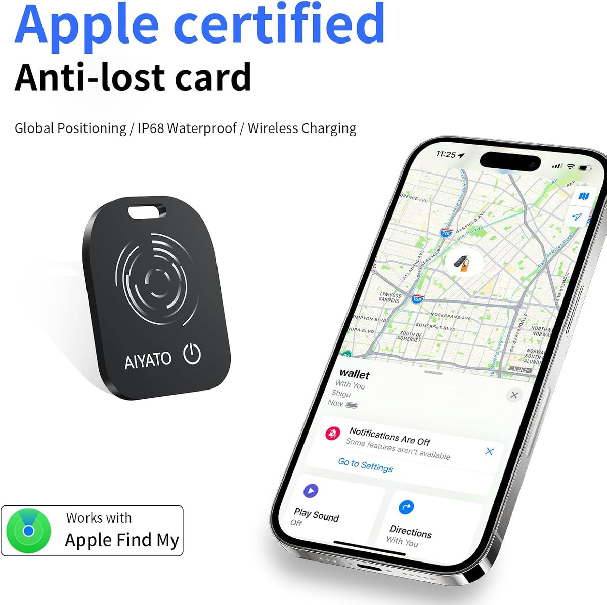Mini Wallet Tracker Card, Key and Item Locator IP65 Waterproof Find Nearby Far Away iOS Only Work with Apple FInd My App Rechargeable Phone Finder for Keys, Bags More