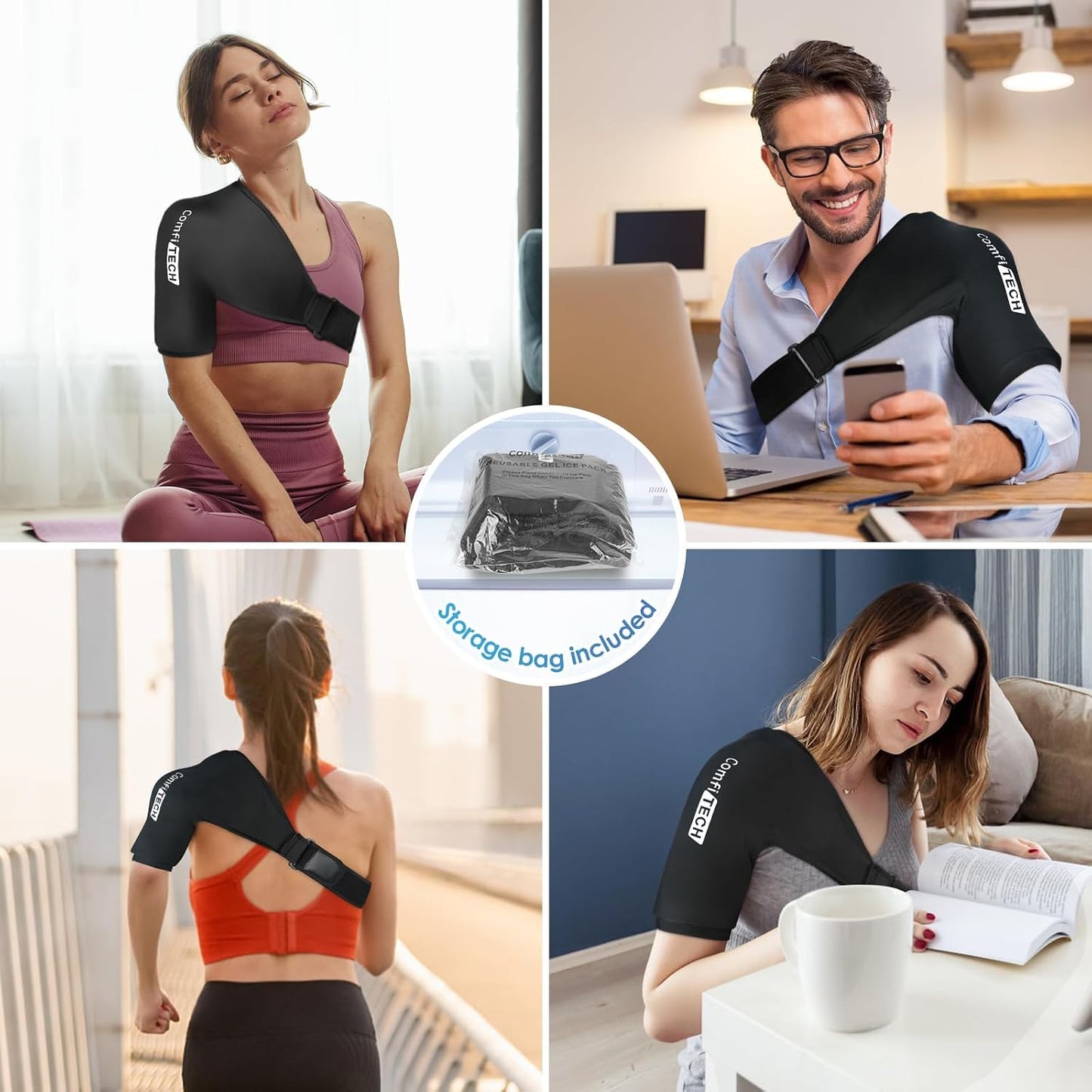Comfitech Shoulder Ice Pack Wrap Sleeve for Better Putting On & Off, Reusable Gel Cold Pad for Arm, Large, Black